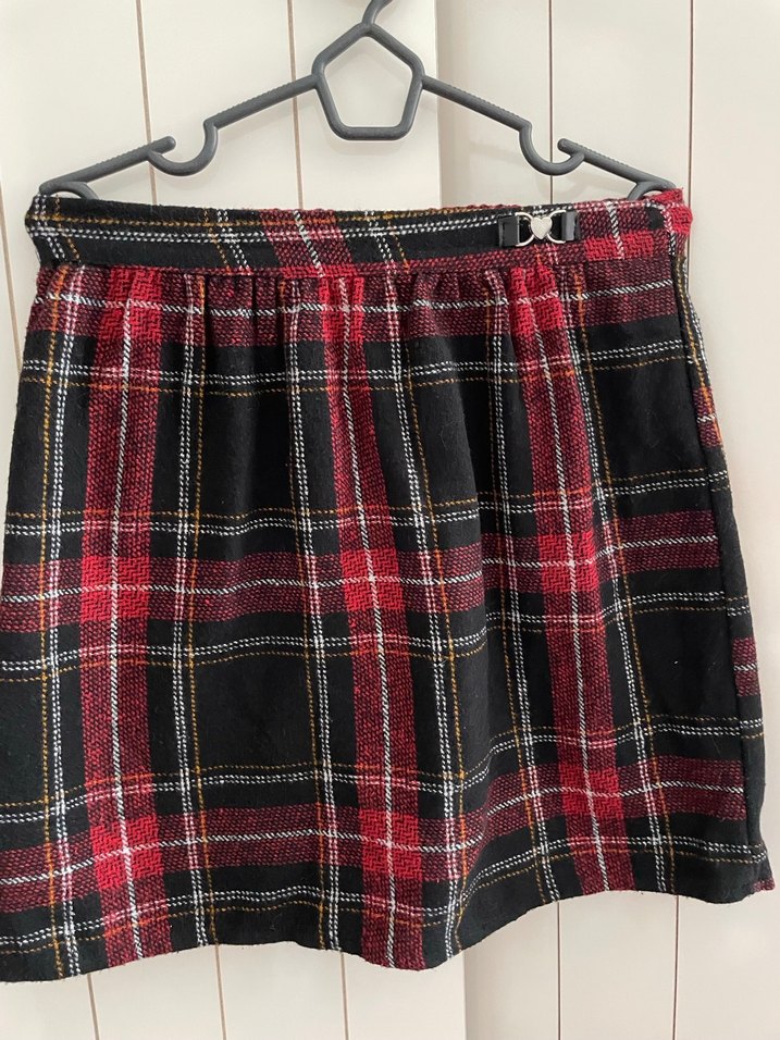 Kırmızı Ekose Kemerli Midi Kadın Etek - Görsel 2