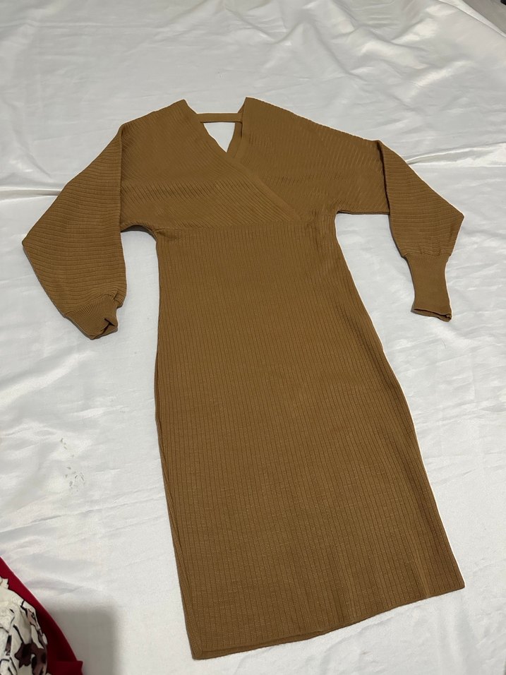 Kahverengi Süet Kemerli Midi Elbise - Görsel 3