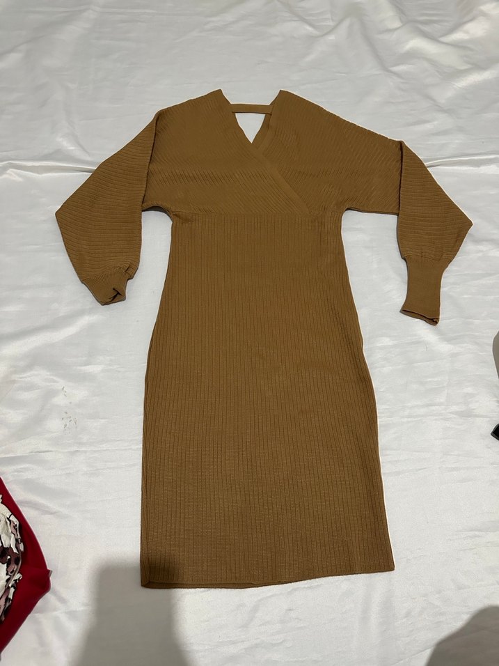 Kahverengi Süet Kemerli Midi Elbise - Görsel 2