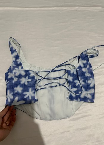 Mavi Çiçek Desenli Düğmeli Bustiyer - Görsel 5