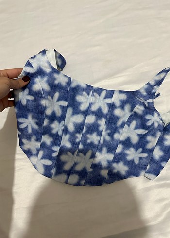 Mavi Çiçek Desenli Düğmeli Bustiyer - Görsel 7