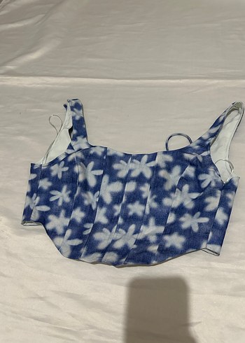 Mavi Çiçek Desenli Düğmeli Bustiyer - Görsel 4