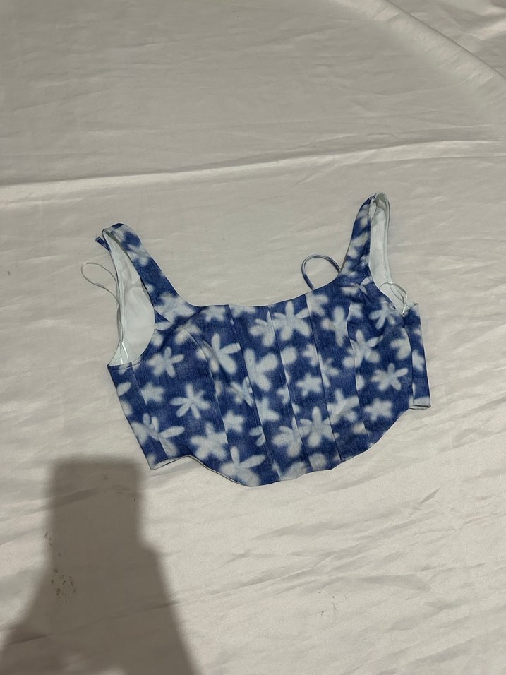 Mavi Çiçek Desenli Düğmeli Bustiyer - Görsel 3