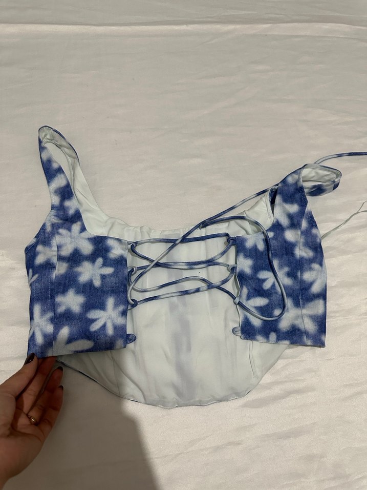 Mavi Çiçek Desenli Düğmeli Bustiyer - Görsel 5