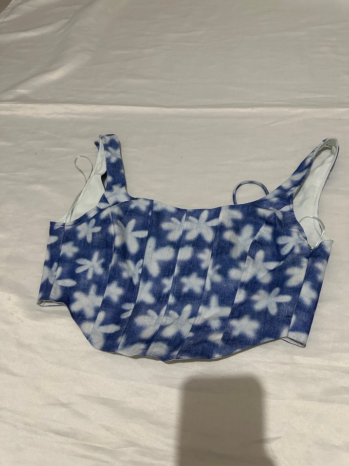 Mavi Çiçek Desenli Düğmeli Bustiyer - Görsel 4