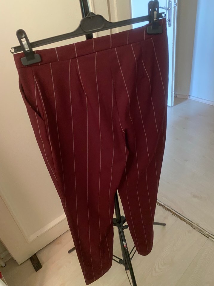 Bordo Pilili Çizgili Kadın Kumaş Pantolon - Görsel 2