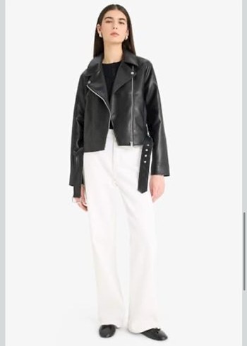 Kadın Siyah Deri Kemerli Biker Ceket - Görsel 2