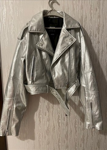 Gri Deri Kadın Biker Ceket
