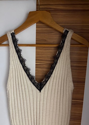 V Yaka Bej Triko Uzun Elbise - Görsel 2