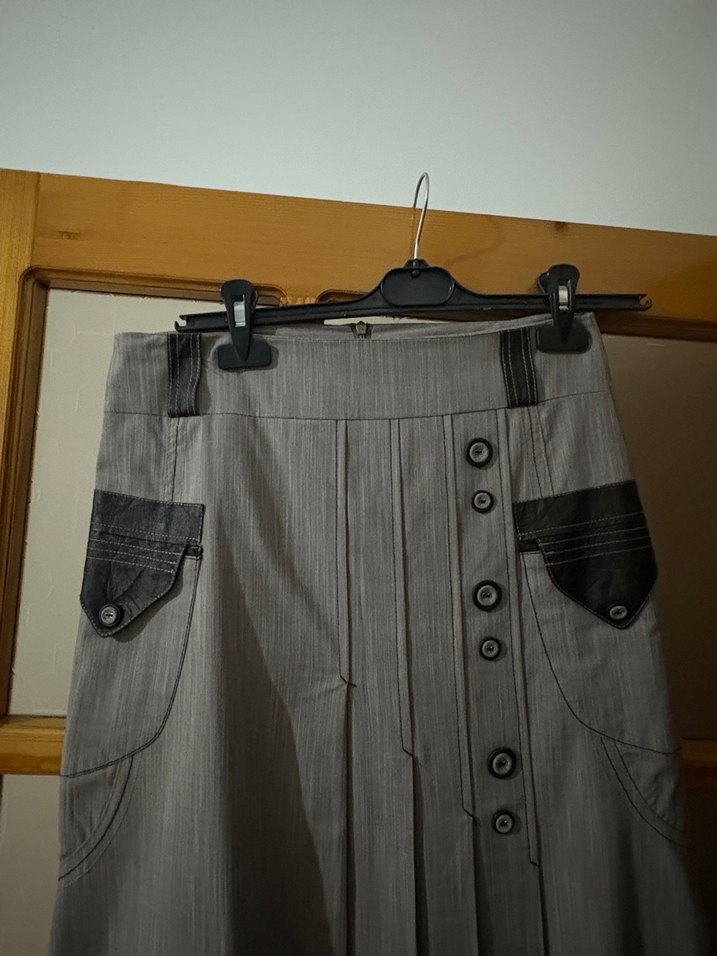 Gri Vintage Pilili Uzun Etek - Görsel 2