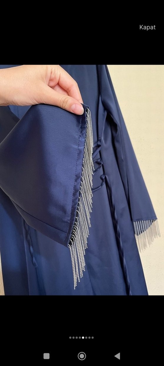 Lacivert Saten Uzun Kollu Uzun Elbise - Görsel 3