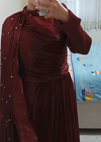 Bordo Drapeli Uzun Abiye Elbise - Görsel 2