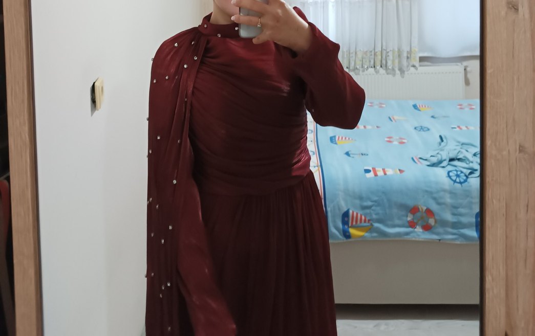 Bordo Drapeli Uzun Abiye Elbise - Görsel 2