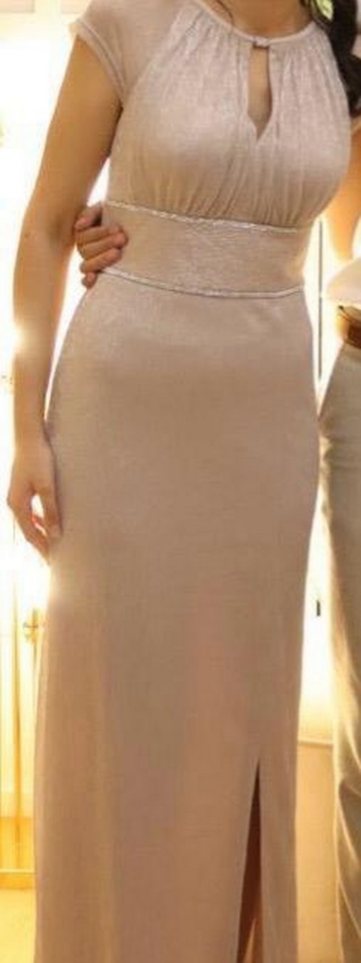 OLEG CASSİNİ markaBej Uzun Abiye Elbise V Yaka Drapeli - Görsel 3