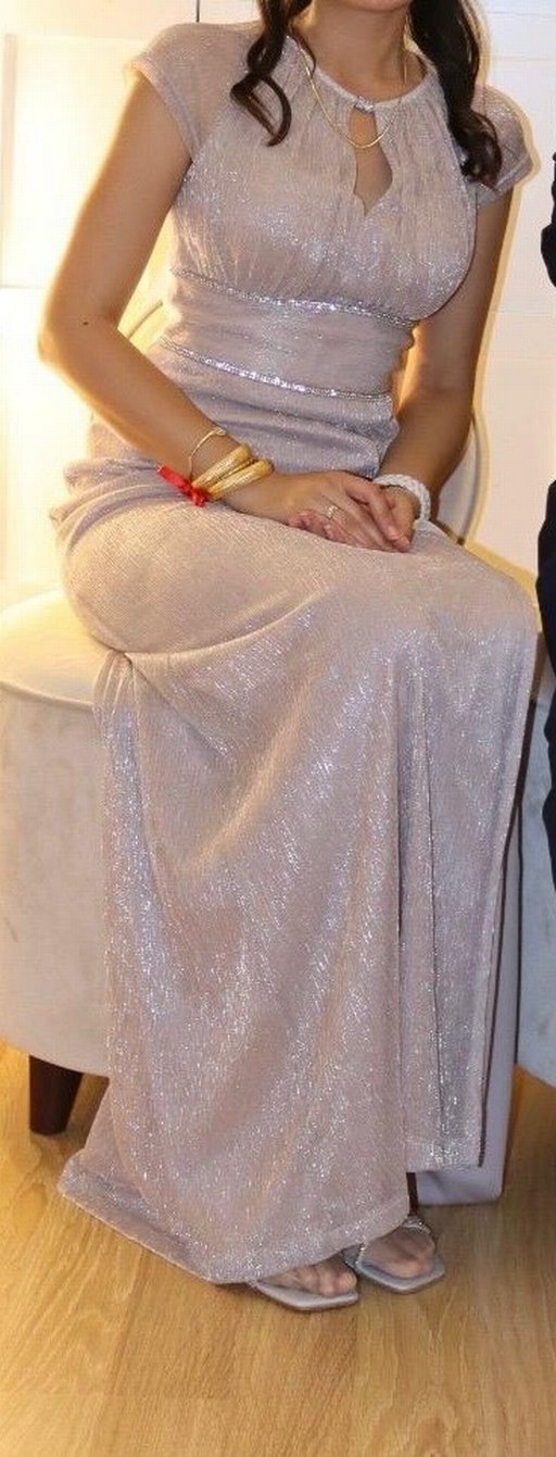 OLEG CASSİNİ markaBej Uzun Abiye Elbise V Yaka Drapeli - Görsel 2