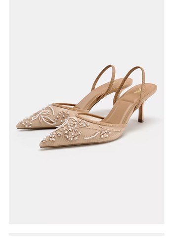 Bej İşlemeli İncili Stiletto Kadın Abiye Ayakkabı