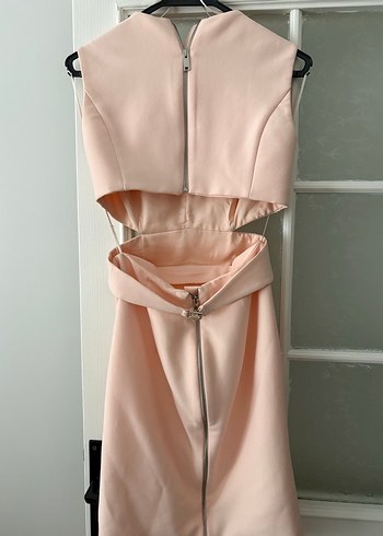 Pembe Kemerli Uzun V Yaka Kadın Elbise - Görsel 4