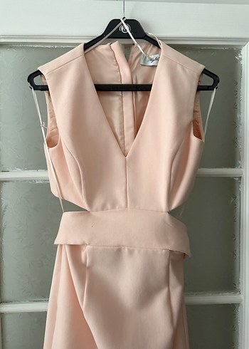 Pembe Kemerli Uzun V Yaka Kadın Elbise - Görsel 2