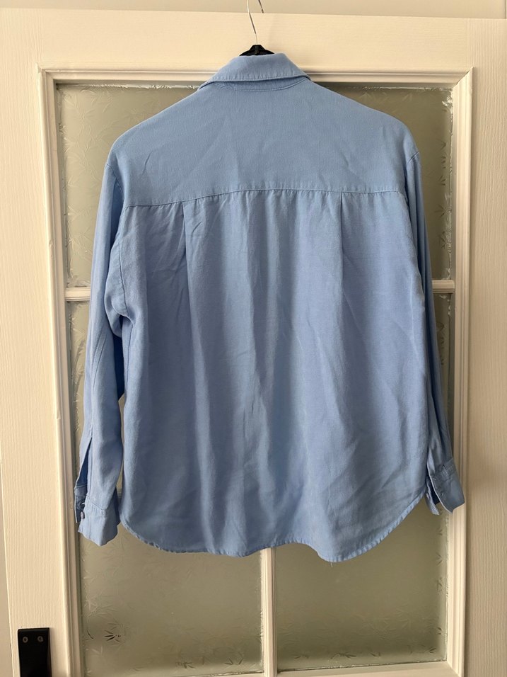 Mavi Keten Düğmeli Uzun Kollu Gömlek - Görsel 3