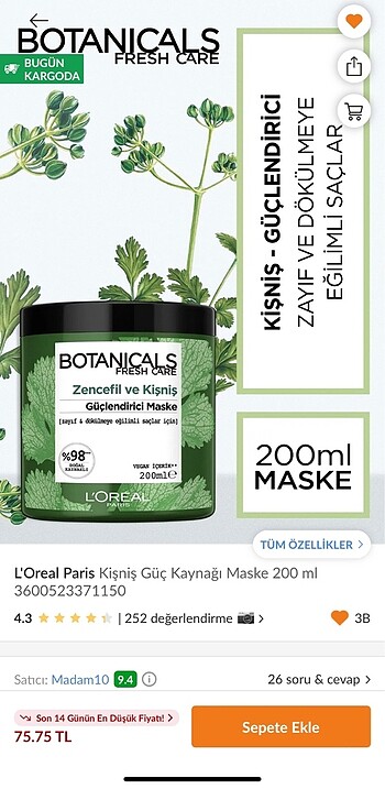 L'Oréal Paris 2*Botanicals Fresh Care Kişniş Güç Kaynağı Maske 200 ml