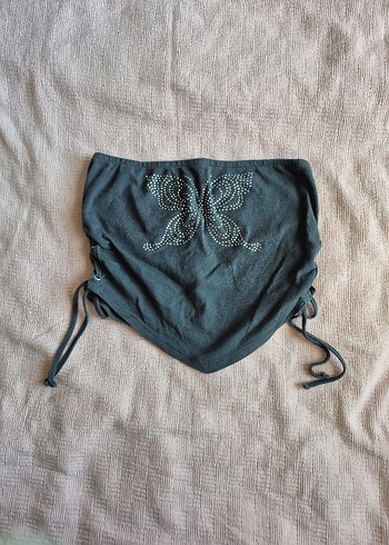 Nakışlı Askılı Kemerli Gri Mini Crop Top