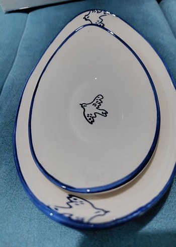 Mavi Kuş Desenli İki Parça porselen servis tabakları - Görsel 4