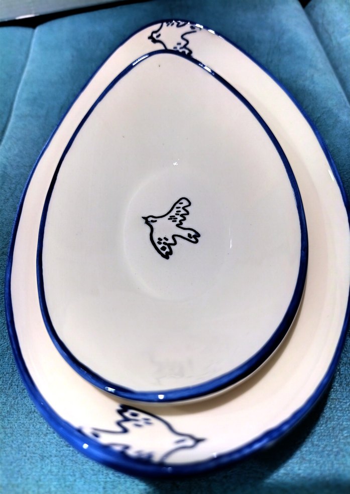 Mavi Kuş Desenli İki Parça porselen servis tabakları - Görsel 2