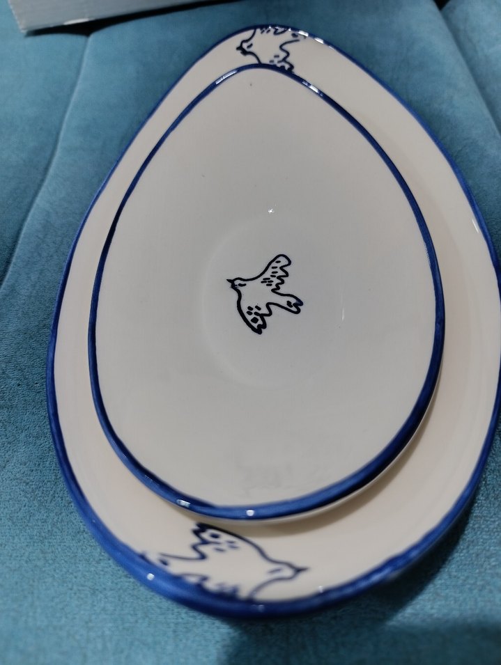 Mavi Kuş Desenli İki Parça porselen servis tabakları - Görsel 4