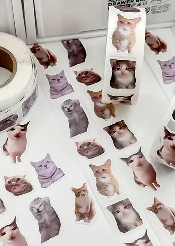 Beden 500 Adet Beyaz Kedi Figürlü Sticker Bant