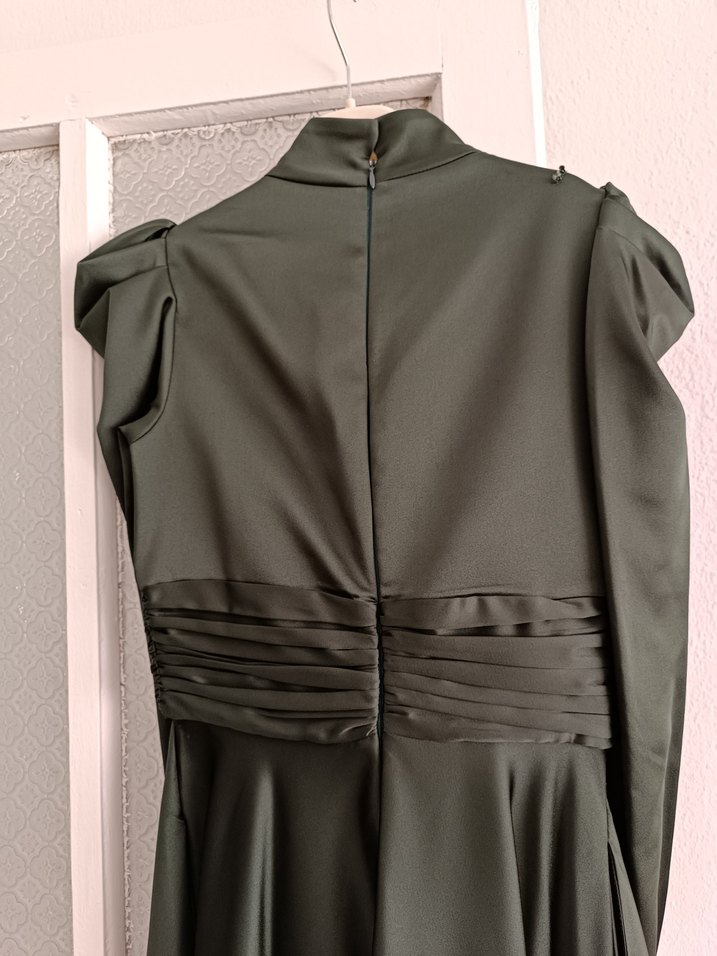 Koyu Haki Uzun Kollu Drapeli Abiye Elbise - Görsel 4