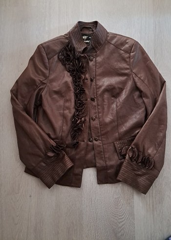 Düğmeli Kahverengi Deri Görünümlü Kadın Ceket - Görsel 2