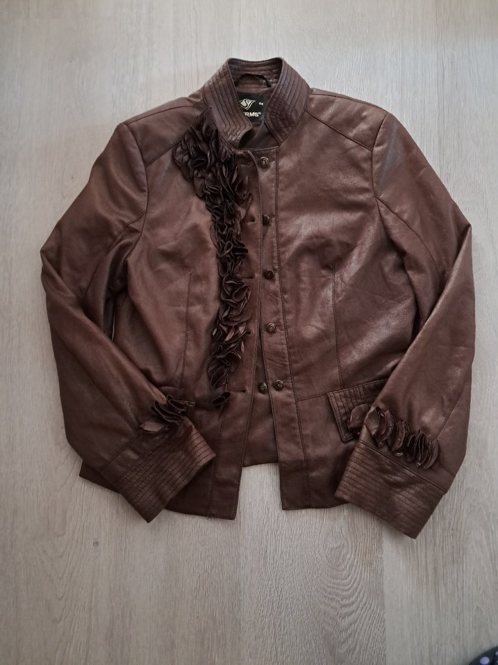 Düğmeli Kahverengi Deri Görünümlü Kadın Ceket - Görsel 2