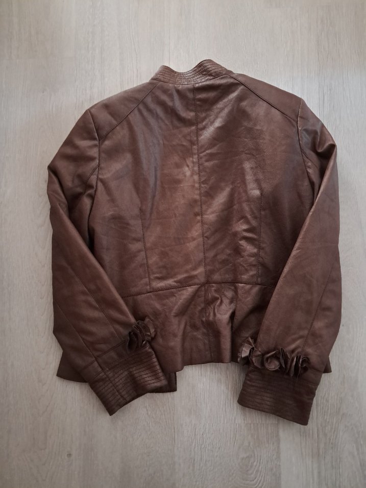 Düğmeli Kahverengi Deri Görünümlü Kadın Ceket - Görsel 3