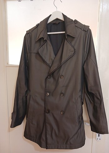 Düğmeli Kahverengi Deri Midi Trençkot - Görsel 5