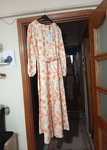 Turuncu Batik Desenli Uzun Bohem Elbise