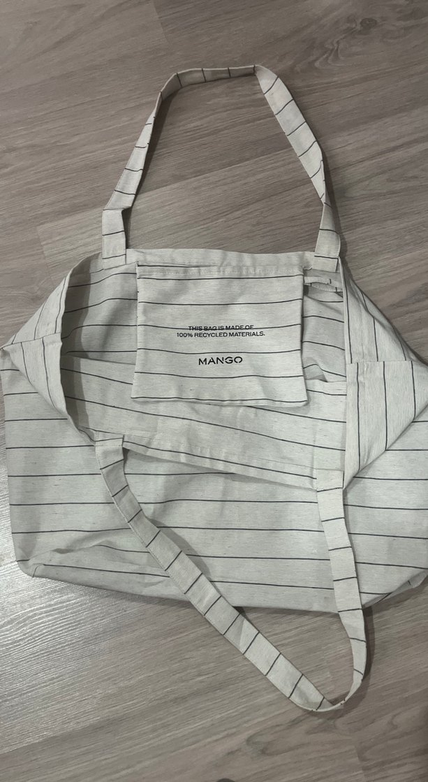 Gri Çizgili Keten mango Kadın Omuz Çantası - Görsel 2