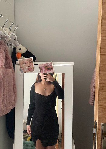 universal Beden Siyah geniş yaka mini elbise