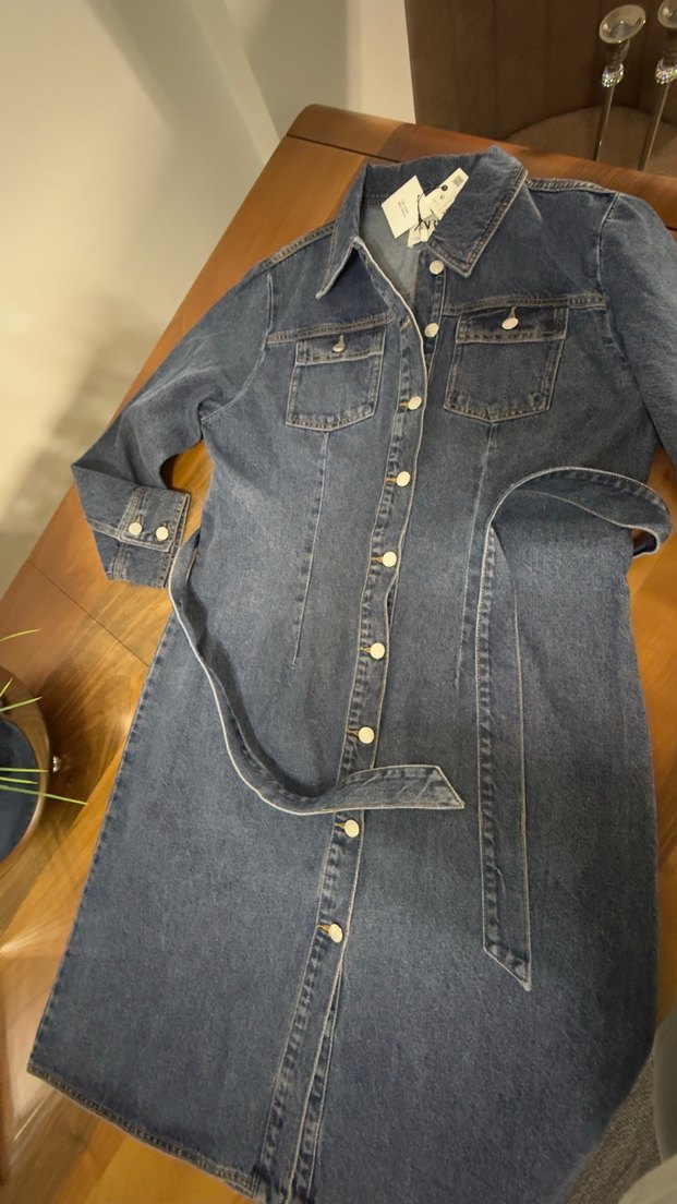 Zara Düğmeli Uzun Lacivert Kadın Kot treçkot & elbise - Görsel 5