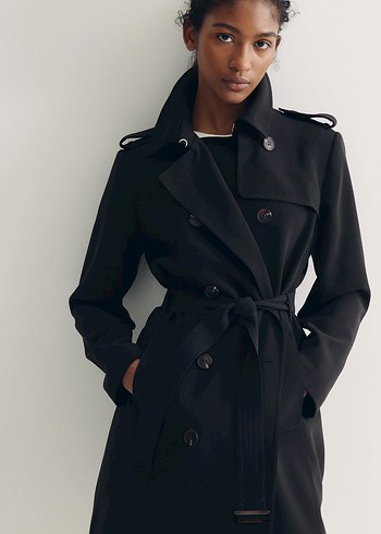 H&M Siyah Kemerli Midi Kadın Trençkot