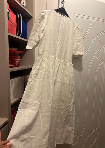 Zara Düğmeli Beyaz Uzun Keten Elbise