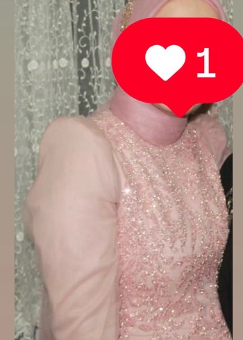 42 Beden Pembe İşlemeli Uzun Kol Abiye Elbise