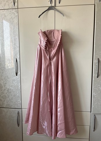 Pembe Drapeli Uzun Straplez Abiye Elbise - Görsel 5