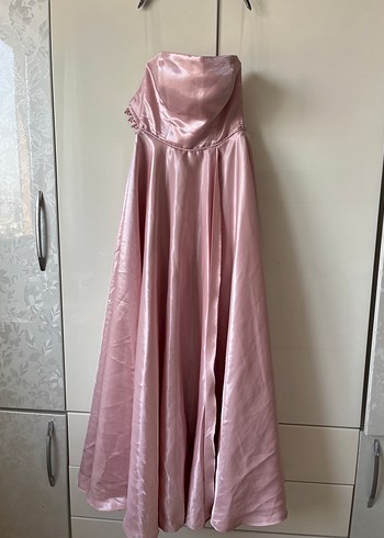 Pembe Drapeli Uzun Straplez Abiye Elbise - Görsel 4