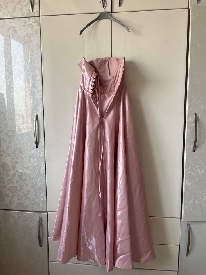 Pembe Drapeli Uzun Straplez Abiye Elbise - Görsel 5