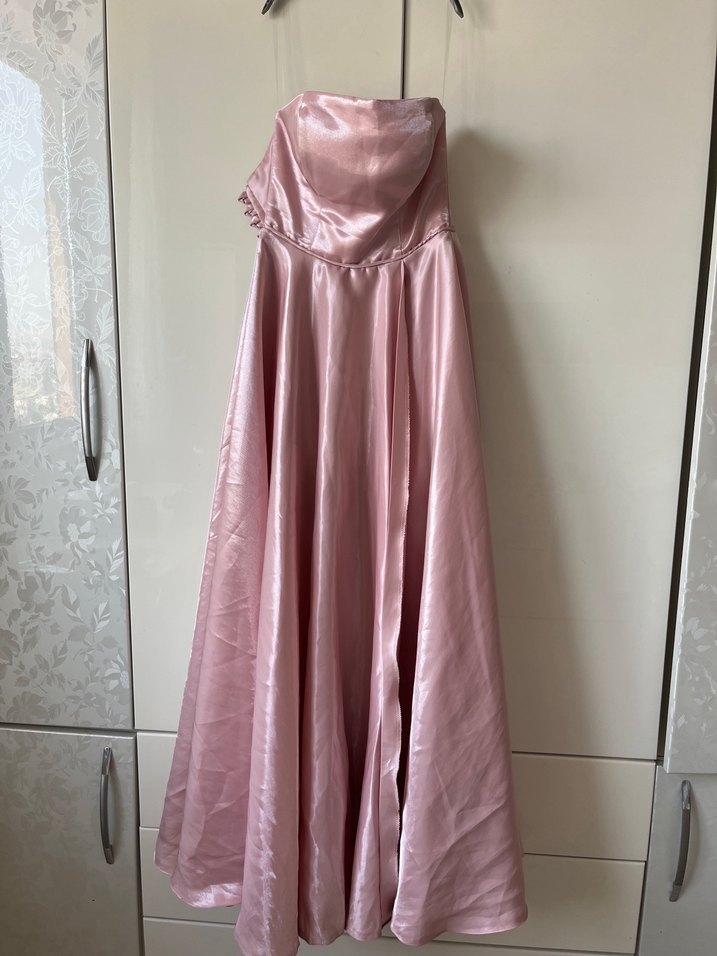 Pembe Drapeli Uzun Straplez Abiye Elbise - Görsel 4