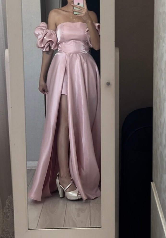 Pembe Drapeli Uzun Straplez Abiye Elbise - Görsel 2