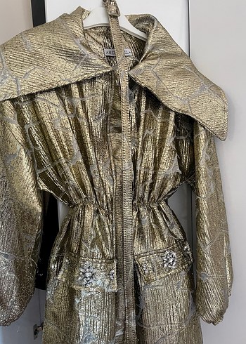 Zara Parlak Altın gold Renkli Uzun Kadın ceket ahel tasarım