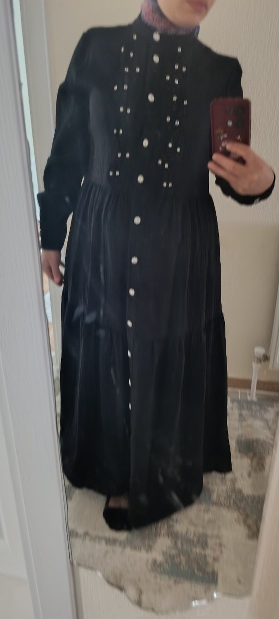 Düğmeli Siyah Kadın gofre kumaş elbise - Görsel 2