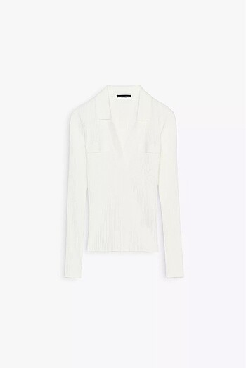 Zara Zara Beyaz Polo Yakalı Fitilli Tshirt