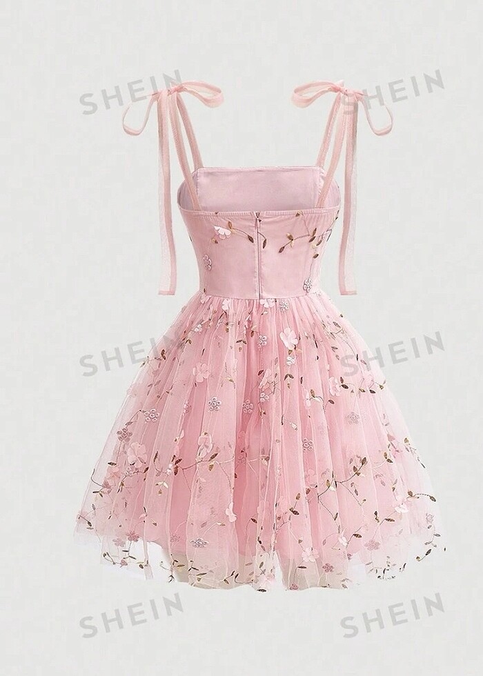 Pembe Çiçekli Tül Elbise Shein Mezuniyet Fairycore Coquette - Görsel 2